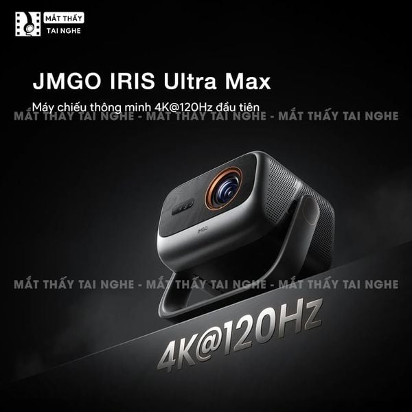 JMGO IRIS Ultra Max - Máy chiếu thông minh 4K@120Hz đầu tiên, tích hợp công nghệ MALC Triple-Laser 6.0 và Hệ thống khẩu độ kép, độ phân giải 4K UHD 3840x2160p, độ sáng 6.500 ISO lumens, hỗ trợ Google TV, Netflix chính chủ và xem phim 3D