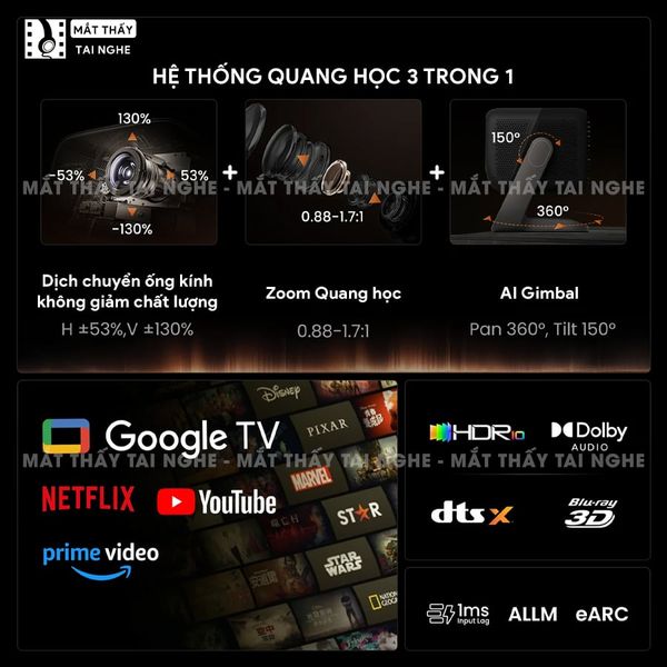 JMGO IRIS Ultra Max - Máy chiếu thông minh 4K@120Hz đầu tiên, tích hợp công nghệ MALC Triple-Laser 6.0 và Hệ thống khẩu độ kép, độ phân giải 4K UHD 3840x2160p, độ sáng 6.500 ISO lumens, hỗ trợ Google TV, Netflix chính chủ và xem phim 3D