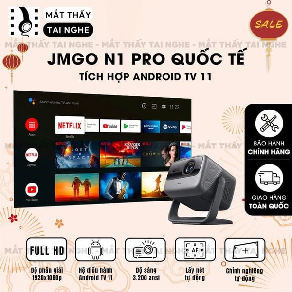 JMGO N1 Pro Quốc tế - Máy chiếu thông minh tích hợp Android TV 11, độ phân giải Full HD 1920x1080p , độ sáng 3200 ansi lumens, tích hợp loa Dynaudio cao cấp