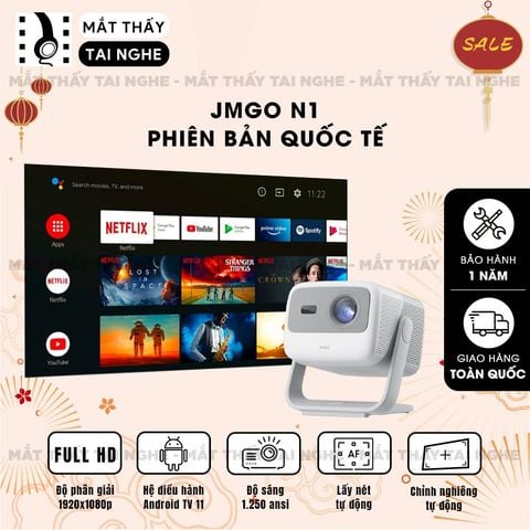JMGO N1 Quốc tế - Máy chiếu thông minh tích hợp Android TV 11, độ phân giải Full HD 1920x1080p , độ sáng 1250 ansi lumens, tích hợp loa Dynaudio cao cấp
