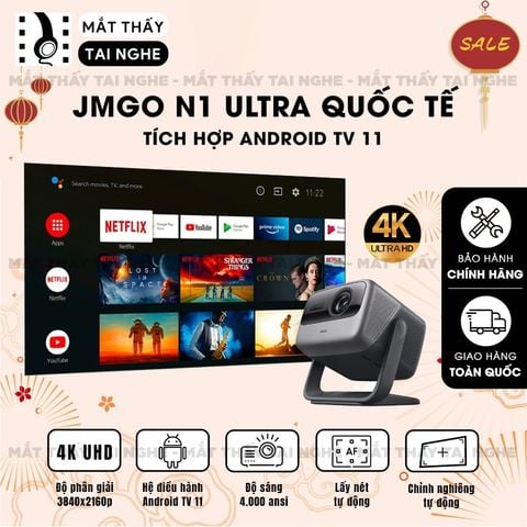 JMGO N1 Ultra Quốc tế - Máy chiếu thông minh tích hợp Android TV 11, độ phân giải 4K UHD 3840x2160p , độ sáng 4000 ansi lumens, tích hợp loa Dynaudio cao cấp