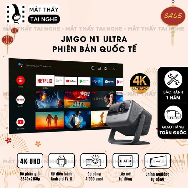 JMGO N1 Ultra Quốc tế - Máy chiếu thông minh tích hợp Android TV 11, độ phân giải 4K UHD 3840x2160p , độ sáng 4000 ansi lumens, tích hợp loa Dynaudio cao cấp