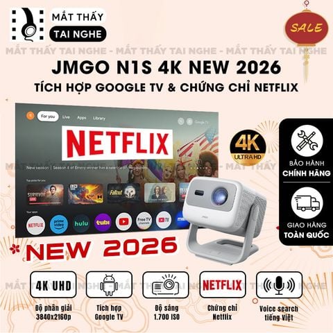 JMGO N1s 4K New 2026 - Máy chiếu thông minh tích hợp Google TV và hỗ trợ Netflix chính chủ, độ phân giải 4K UHD 3840x2160p, độ sáng 1.700 ISO lumens