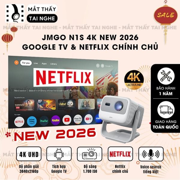 JMGO N1s 4K New 2026 - Máy chiếu thông minh tích hợp Google TV và hỗ trợ Netflix chính chủ, độ phân giải 4K UHD 3840x2160p, độ sáng 1.700 ISO lumens