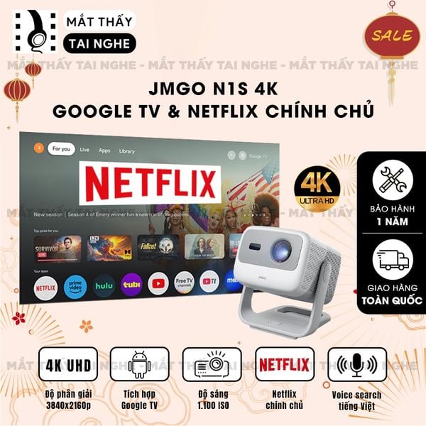 JMGO N1s 4K - Máy chiếu thông minh tích hợp Google TV và hỗ trợ Netflix chính chủ, độ phân giải 4K UHD 3840x2160p, độ sáng 1.100 ISO lumens