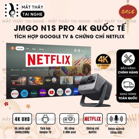 JMGO N1s Pro 4K Quốc tế - Máy chiếu thông minh tích hợp Google TV và hỗ trợ Netflix chính chủ, độ phân giải 4K UHD 3840x2160p, độ sáng 2.400 Ansi lumens