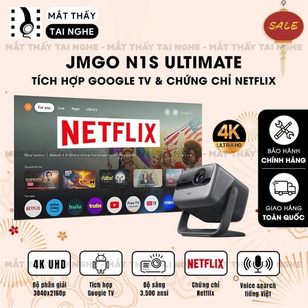 JMGO N1s Ultimate - Máy chiếu thông minh tích hợp Google TV và hỗ trợ Netflix chính chủ, độ phân giải 4K UHD 3840x2160p, độ sáng 3500 Ansi lumens
