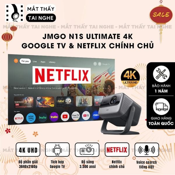 JMGO N1s Ultimate 4K - Máy chiếu thông minh tích hợp Google TV và hỗ trợ Netflix chính chủ, độ phân giải 4K UHD 3840x2160p, độ sáng 3500 Ansi lumens