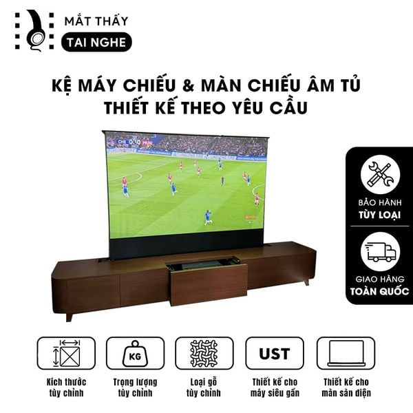 Kệ máy chiếu & màn chiếu âm tủ - Chuyên dụng cho máy chiếu siêu gần và màn chiếu sàn điện, Thiết kế tùy chọn kích thước và chất liệu gỗ theo yêu cầu