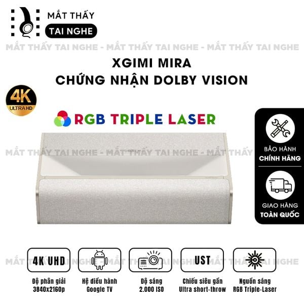 XGIMI MIRA - Máy chiếu siêu gần 4K thông minh tích hợp Google TV, sử dụng công nghệ RGB Triple Laser, độ phân giải chuẩn 4K UHD, độ sáng 2000 ISO Lumens và tích hợp loa Harman Kardon