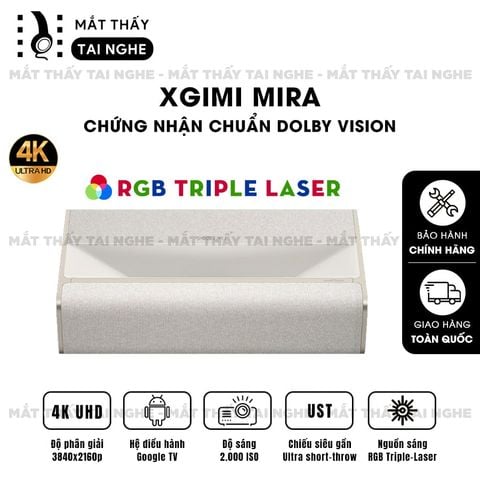 XGIMI MIRA - Máy chiếu siêu gần 4K thông minh tích hợp Google TV, sử dụng công nghệ RGB Triple Laser, độ phân giải chuẩn 4K UHD, độ sáng 2000 ISO Lumens và tích hợp loa Harman Kardon