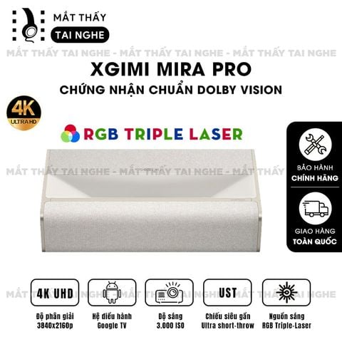 XGIMI MIRA Pro - Máy chiếu siêu gần 4K thông minh tích hợp Google TV, sử dụng công nghệ RGB Triple Laser, độ phân giải chuẩn 4K UHD, độ sáng 3000 ISO Lumens và tích hợp loa Harman Kardon