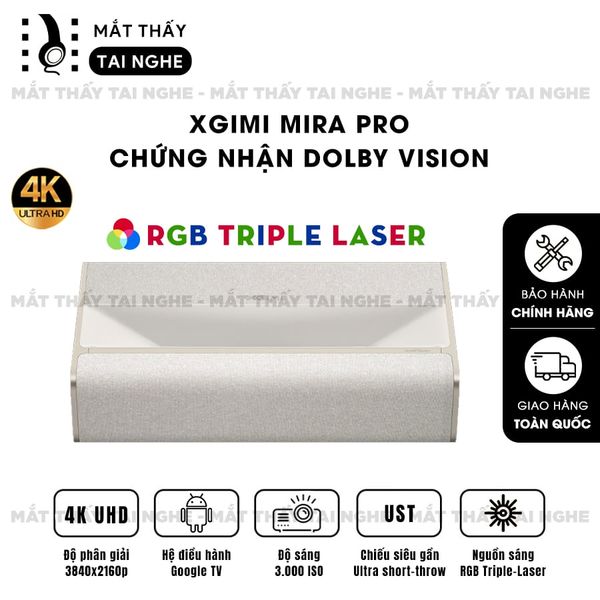 XGIMI MIRA Pro - Máy chiếu siêu gần 4K thông minh tích hợp Google TV, sử dụng công nghệ RGB Triple Laser, độ phân giải chuẩn 4K UHD, độ sáng 3000 ISO Lumens và tích hợp loa Harman Kardon