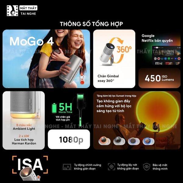 XGIMI MoGo 4 - Máy chiếu di động thông minh tích hợp Google TV & Netflix bản quyền, độ sáng 450 ISO lumens, độ phân giải chuẩn Full HD, thiết kế chân Gimbal xoay 360 độ linh hoạt và Pin tích hợp 71.28Wh