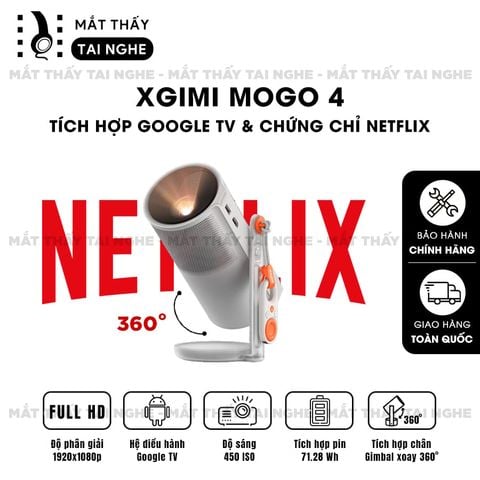 XGIMI MoGo 4 - Máy chiếu di động thông minh tích hợp Google TV & Netflix bản quyền, độ sáng 450 ISO lumens, độ phân giải chuẩn Full HD, thiết kế chân Gimbal xoay 360 độ linh hoạt và Pin tích hợp 71.28Wh