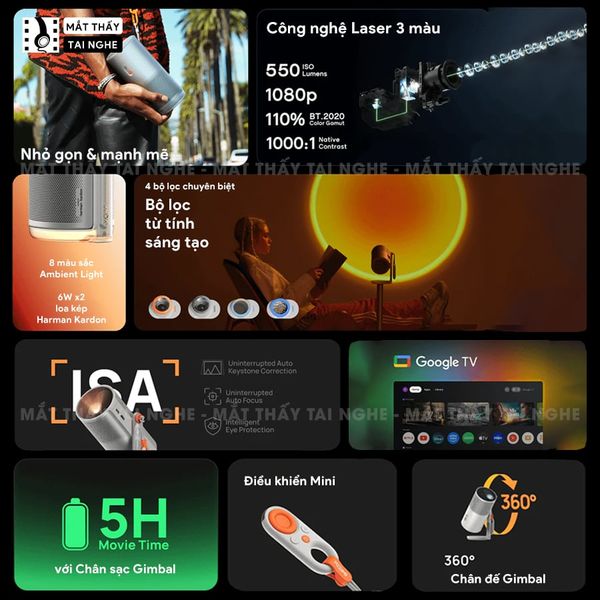 XGIMI MoGo 4 Laser - Máy chiếu di động thông minh tích hợp Google TV & Netflix bản quyền, độ sáng 550 ISO lumens, độ phân giải chuẩn Full HD, thiết kế chân Gimbal xoay 360 độ linh hoạt và Pin tích hợp 71.28Wh