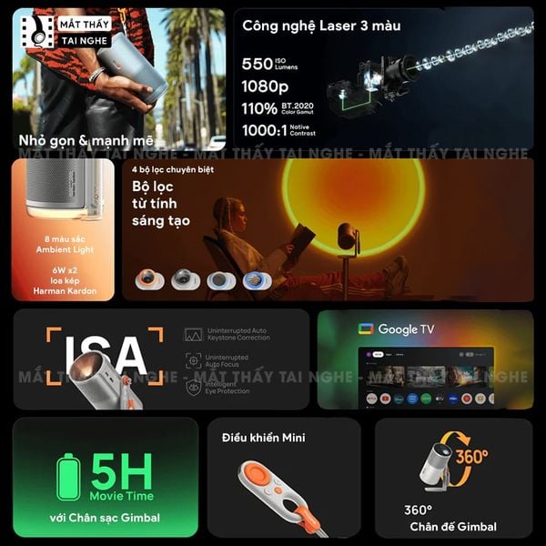 XGIMI MoGo 4 Laser Outdoor Collection - Bộ máy chiếu di động thông minh tích hợp Google TV & Netflix bản quyền, độ sáng 550 ISO lumens, độ phân giải chuẩn Full HD, thiết kế chân Gimbal xoay 360 độ linh hoạt và Pin tích hợp 71.28Wh