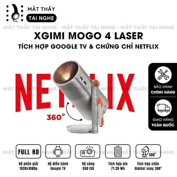 XGIMI MoGo 4 Laser - Máy chiếu di động thông minh tích hợp Google TV & Netflix bản quyền, độ sáng 550 ISO lumens, độ phân giải chuẩn Full HD, thiết kế chân Gimbal xoay 360 độ linh hoạt và Pin tích hợp 71.28Wh