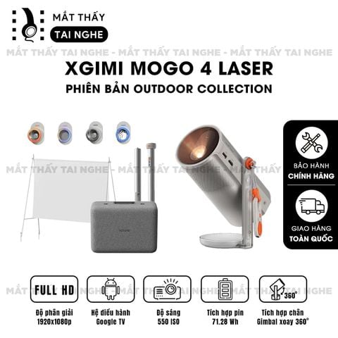 XGIMI MoGo 4 Laser Outdoor Collection - Bộ máy chiếu di động thông minh tích hợp Google TV & Netflix bản quyền, độ sáng 550 ISO lumens, độ phân giải chuẩn Full HD, thiết kế chân Gimbal xoay 360 độ linh hoạt và Pin tích hợp 71.28Wh