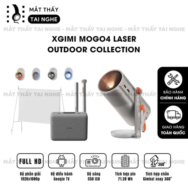 XGIMI MoGo 4 Laser Outdoor Collection - Bộ máy chiếu di động thông minh tích hợp Google TV & Netflix bản quyền, độ sáng 550 ISO lumens, độ phân giải chuẩn Full HD, thiết kế chân Gimbal xoay 360 độ linh hoạt và Pin tích hợp 71.28Wh