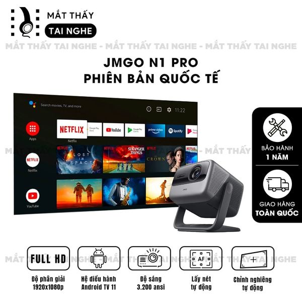 JMGO N1 Pro Quốc tế - Máy chiếu thông minh tích hợp Android TV 11, độ phân giải Full HD 1920x1080p , độ sáng 3200 ansi lumens, tích hợp loa Dynaudio cao cấp