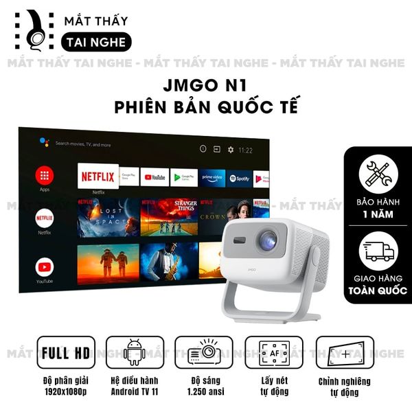 JMGO N1 Quốc tế - Máy chiếu thông minh tích hợp Android TV 11, độ phân giải Full HD 1920x1080p , độ sáng 1250 ansi lumens, tích hợp loa Dynaudio cao cấp