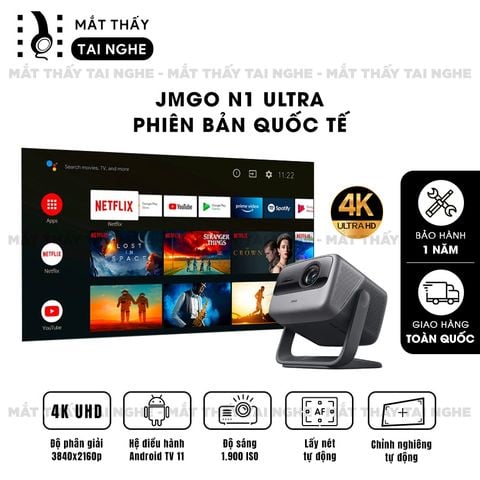 JMGO N1 Ultra Quốc tế - Máy chiếu thông minh tích hợp Android TV 11, độ phân giải 4K UHD 3840x2160p , độ sáng 1900 ISO lumens, chip xử lý Mediatek 9629 siêu mạnh