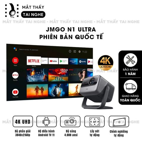 JMGO N1 Ultra Quốc tế - Máy chiếu thông minh tích hợp Android TV 11, độ phân giải 4K UHD 3840x2160p , độ sáng 4000 ansi lumens, tích hợp loa Dynaudio cao cấp
