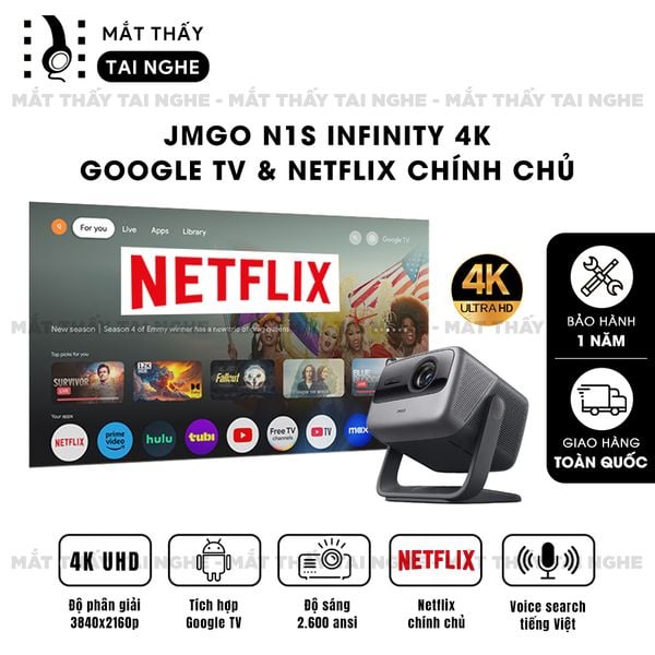 JMGO N1s Infinity 4K - Máy chiếu thông minh tích hợp Google TV và hỗ trợ Netflix chính chủ, độ phân giải 4K UHD 3840x2160p, độ sáng 2.600 Ansi lumens