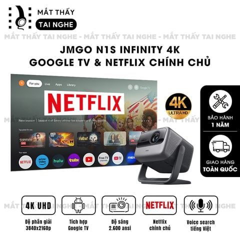 JMGO N1s Infinity 4K - Máy chiếu thông minh tích hợp Google TV và hỗ trợ Netflix chính chủ, độ phân giải 4K UHD 3840x2160p, độ sáng 2.600 Ansi lumens