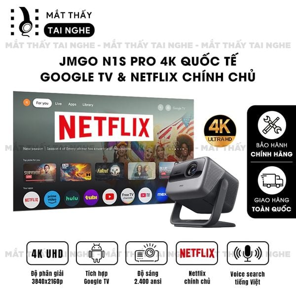JMGO N1s Pro 4K Quốc tế - Máy chiếu thông minh tích hợp Google TV và hỗ trợ Netflix chính chủ, độ phân giải 4K UHD 3840x2160p, độ sáng 2.400 Ansi lumens