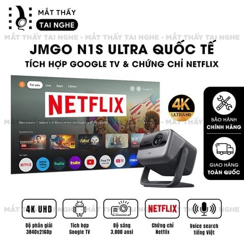 JMGO N1s Ultra Quốc tế - Máy chiếu thông minh tích hợp Google TV và hỗ trợ Netflix chính chủ, độ phân giải 4K UHD 3840x2160p, độ sáng 3.000 Ansi lumens