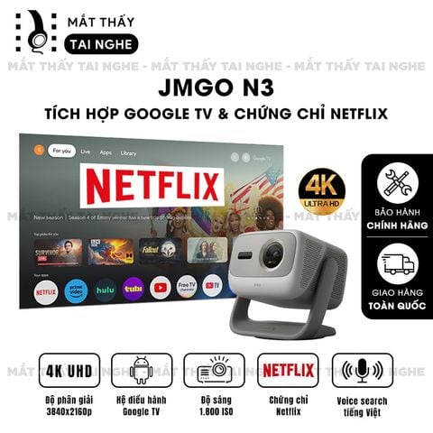 JMGO N3 4K - Máy chiếu thông minh tích hợp Google TV và bản quyền Netflix chính chủ, độ phân giải 4K UHD 3840x2160p, độ sáng 1800 ISO lumens, hỗ trợ xem phim chuẩn 3D Blu-ray