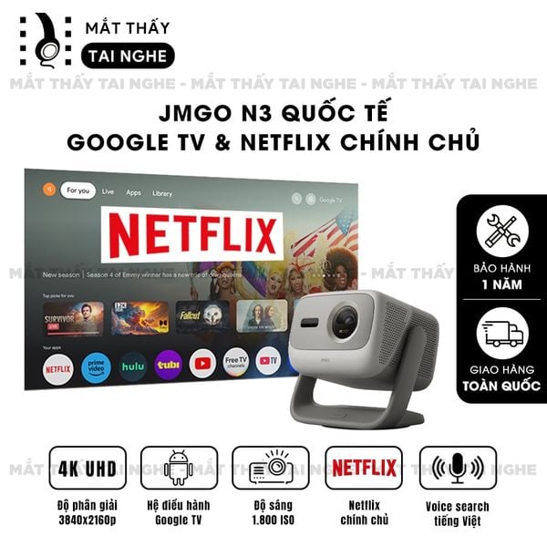 JMGO N3 Quốc tế - Máy chiếu thông minh tích hợp Google TV và bản quyền Netflix chính chủ, độ phân giải 4K UHD 3840x2160p, độ sáng 1800 ISO lumens, hỗ trợ xem phim chuẩn 3D Blu-ray