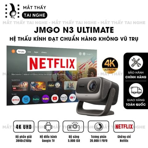 JMGO N3 Ultimate - Máy chiếu thông minh tích hợp Google TV và bản quyền Netflix chính chủ, độ phân giải 4K UHD 3840x2160p, độ sáng 5.800 ISO lumens, hỗ trợ xem phim chuẩn 3D và Dolby Vision