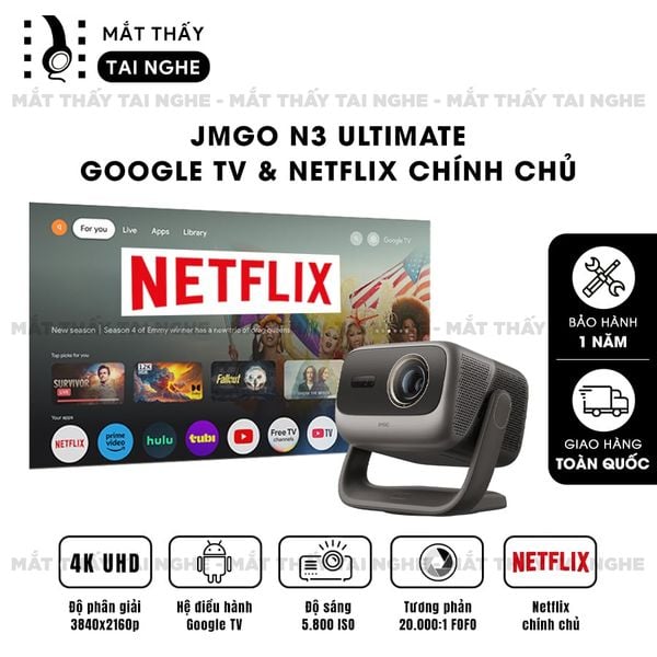 JMGO N3 Ultimate - Máy chiếu thông minh tích hợp Google TV và bản quyền Netflix chính chủ, độ phân giải 4K UHD 3840x2160p, độ sáng 5.800 ISO lumens, hỗ trợ xem phim chuẩn 3D và Dolby Vision