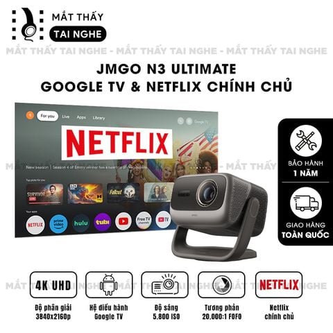 JMGO N3 Ultimate - Máy chiếu thông minh tích hợp Google TV và bản quyền Netflix chính chủ, độ phân giải 4K UHD 3840x2160p, độ sáng 5.800 ISO lumens, hỗ trợ xem phim chuẩn 3D và Dolby Vision