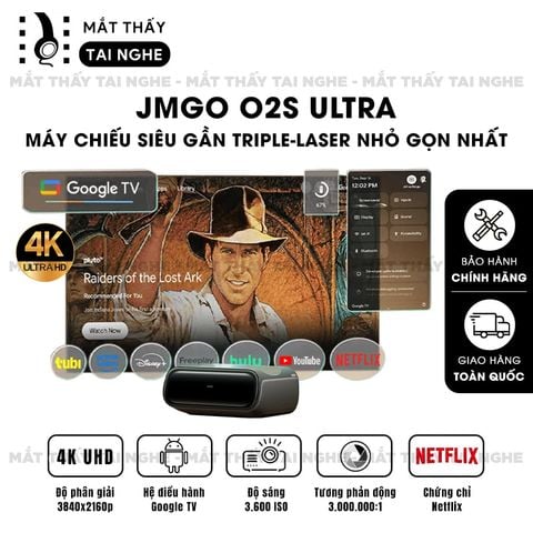 JMGO O2S Ultra - Máy chiếu siêu gần thông minh tích hợp Hệ điều hành Google TV và Netflix chính chủ, độ phân giải chuẩn 4K UHD , độ sáng 3.600 ISO lumens, tương phản động lên tới 3.000.000:1, trang bị âm thanh Dynaudio