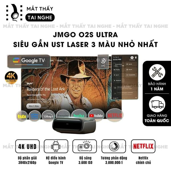 JMGO O2S Ultra - Máy chiếu siêu gần thông minh tích hợp Hệ điều hành Google TV và Netflix chính chủ, độ phân giải chuẩn 4K UHD , độ sáng 3.600 ISO lumens, tương phản động lên tới 3.000.000:1, trang bị âm thanh Dynaudio