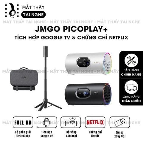 JMGO PicoPlay+ - Máy chiếu thông minh tích hợp Google TV và hỗ trợ Netflix chính chủ, độ phân giải Full HD 1920x1080p, độ sáng 450 ISO lumens và tích hợp chân gimbal xoay 88 độ