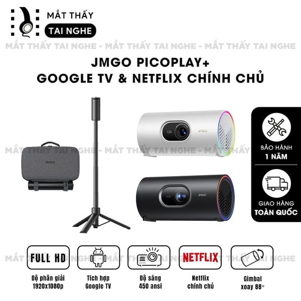 JMGO PicoPlay+ - Máy chiếu thông minh tích hợp Google TV và hỗ trợ Netflix chính chủ, độ phân giải Full HD 1920x1080p, độ sáng 450 ISO lumens và tích hợp chân gimbal xoay 88 độ