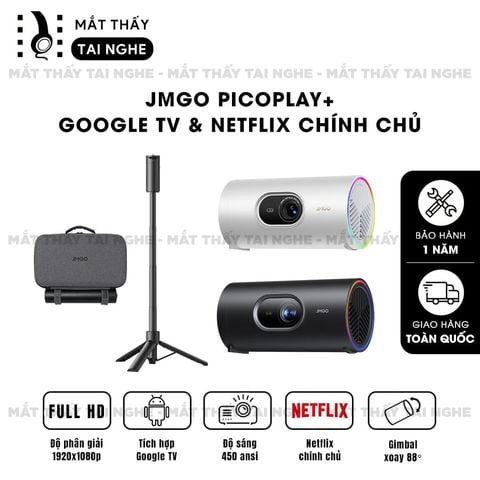 JMGO PicoPlay+ - Máy chiếu thông minh tích hợp Google TV và hỗ trợ Netflix chính chủ, độ phân giải Full HD 1920x1080p, độ sáng 450 ISO lumens và tích hợp chân gimbal xoay 88 độ
