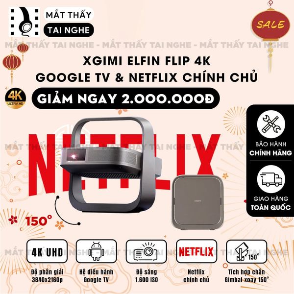 Xgimi Elifn Flip 4K - Máy chiếu thông minh tích hợp Google TV và Netflix chính chủ, sử dụng công nghệ DLP, độ sáng 1.600 ISO lumens, độ phân giải chuẩn 4K UHD cho hình ảnh và màu sắc cực đẹp
