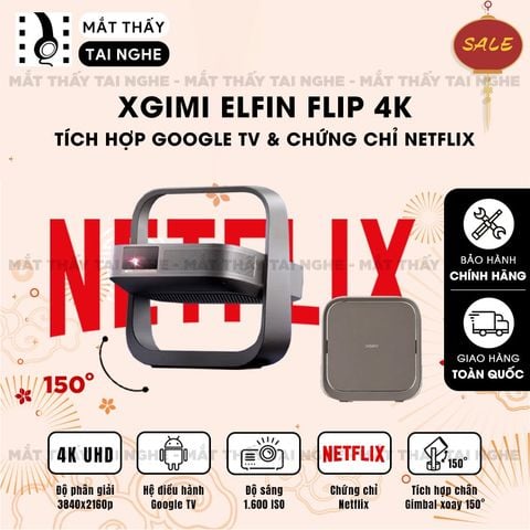XGIMI Elfin Flip 4K - Máy chiếu thông minh tích hợp Google TV và Netflix chính chủ, sử dụng công nghệ DLP, độ sáng 1.600 ISO lumens, độ phân giải chuẩn 4K UHD cho hình ảnh và màu sắc cực đẹp