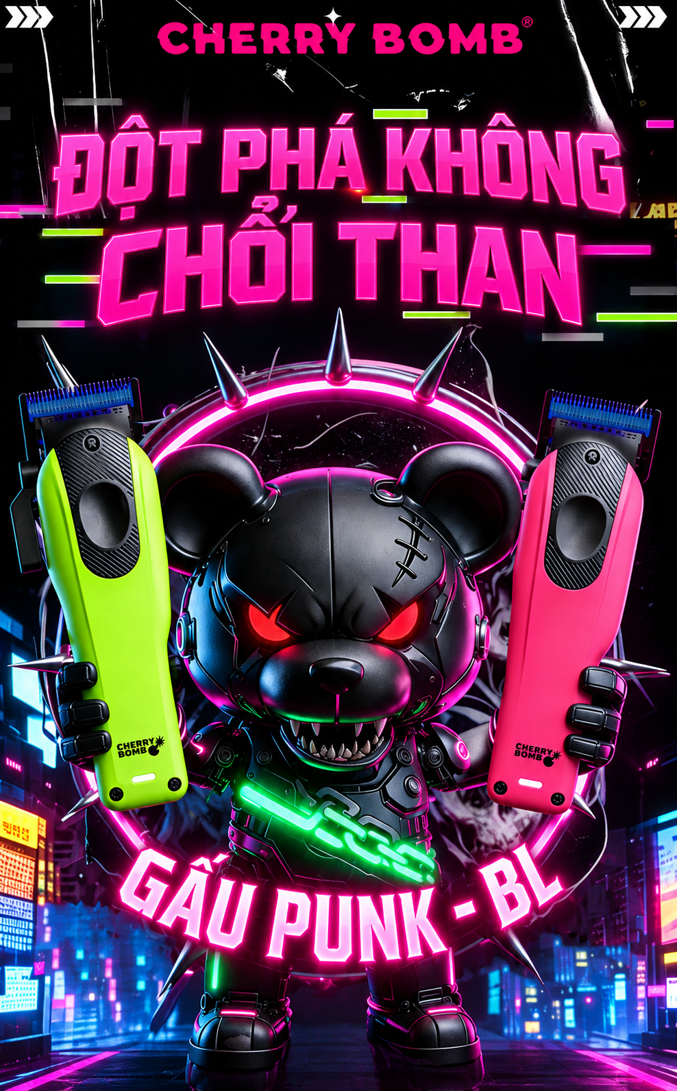  Cherry Bomb - Tông đơ PUNK BEAR - Motor khổng chổi than -Lưỡi cắt Powder metal 