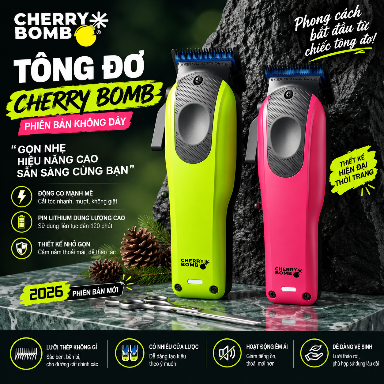  Cherry Bomb - Tông đơ PUNK BEAR - Motor khổng chổi than -Lưỡi cắt Powder metal 