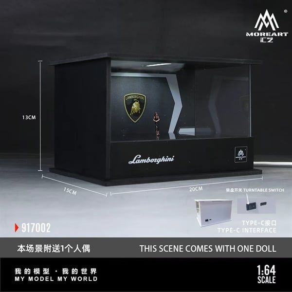  Hộp trưng bày mô phỏng showroom Lamborghini có bàn xoay - đèn kèm nhân vật kích thước 20 cm x 15 cm x 13 cm tỉ lệ 1:64 MoreArt MO917002 