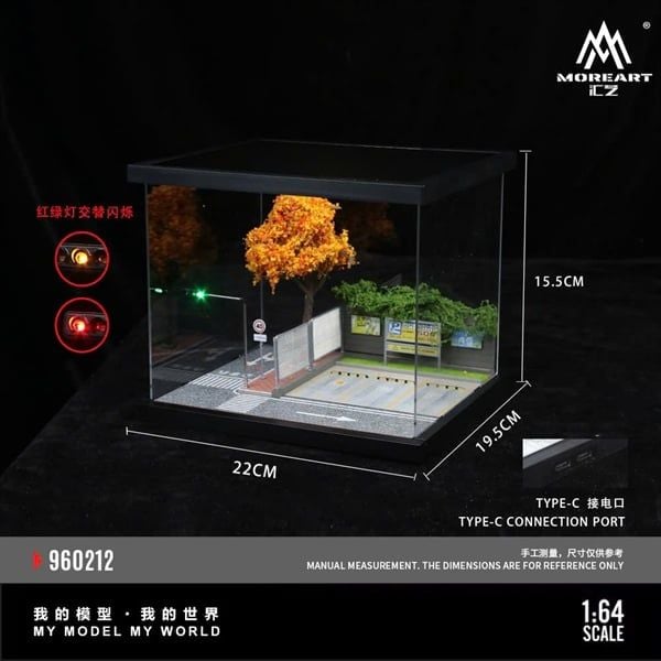  Hộp trưng bày mô phỏng bãi đỗ xe đường phố hộp mica có đèn kích thước 22x19.5x15.5cm tỉ lệ 1:64 More Art MO960211 