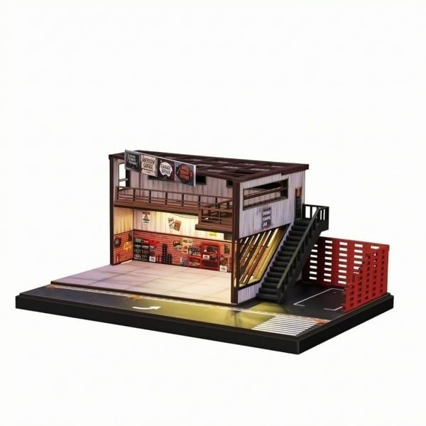  Hộp trưng bày mô phỏng nhà kho sửa xe có đèn tỉ lệ 1:64 Shou Cang Jia SCJ82064 