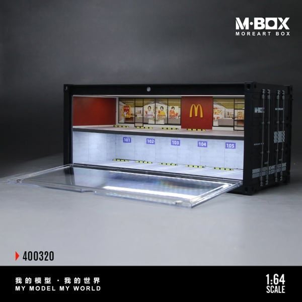  Hộp trưng bày container mô phỏng Bối cảnh chủ đề McDonald's có đèn kích thước 38.7x16x16.5cm tỉ lệ 1:64 MoreArt box M-Box MB400320 